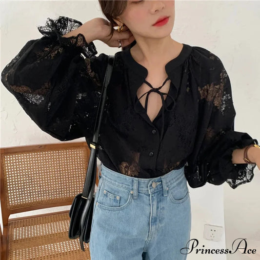 Carved Lantern Extended Sleeve Lace Blouse Tops Black / S blouse-250126