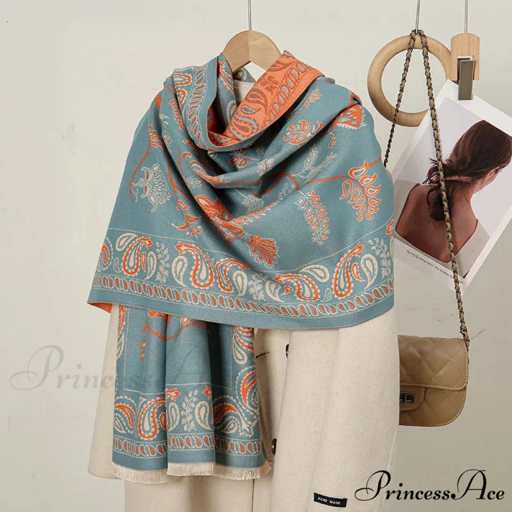 Cashmere Floral Print Winter Blanket Wrap Scarf GREY BLUE