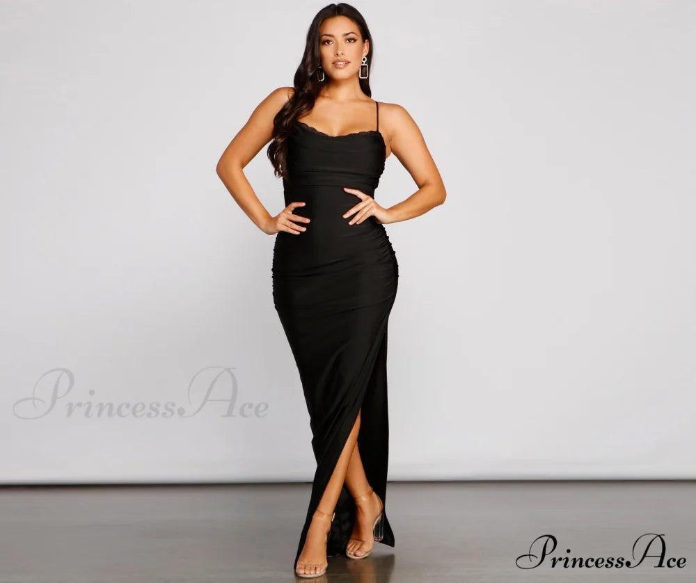 Cassandra Cowl Neck Charming Ruched Formal Dress BLACK / XS
