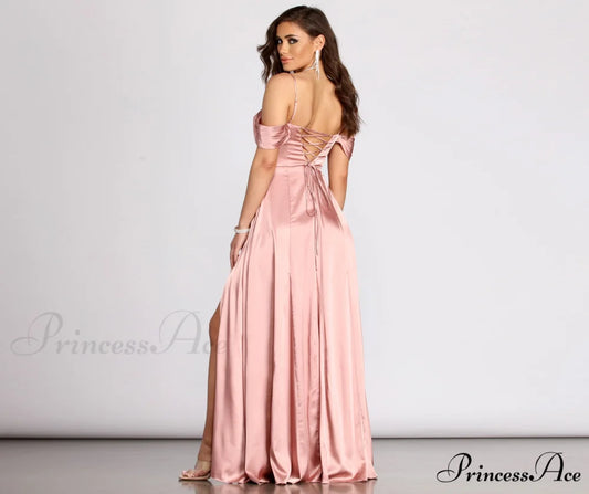 Cassia Lace-Up Back Charming Off Shoulder Satin Dress