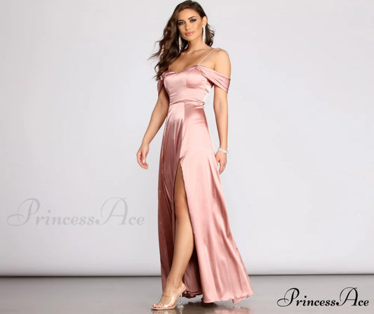 Cassia Lace-Up Back Charming Off Shoulder Satin Dress ROSE / 3