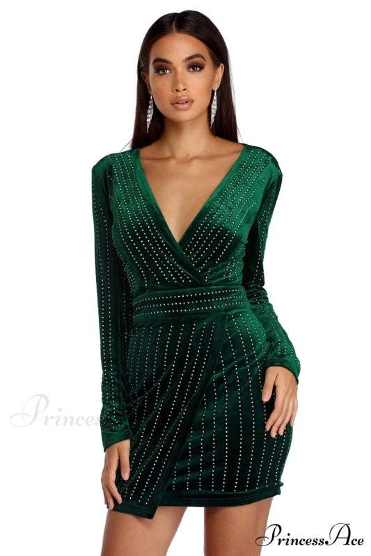 Cassie Velvet Stylish Wrap Dress EMERALD / S