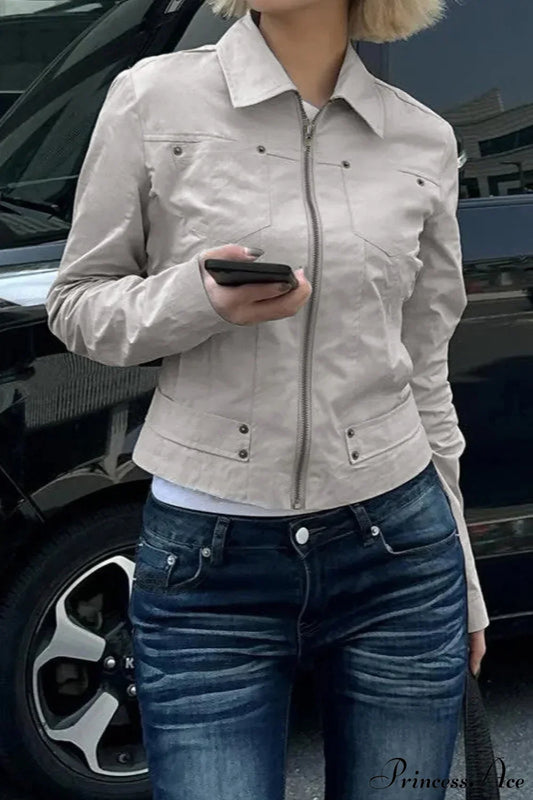 Casual Cargo Solid Lapel Zip Jacket