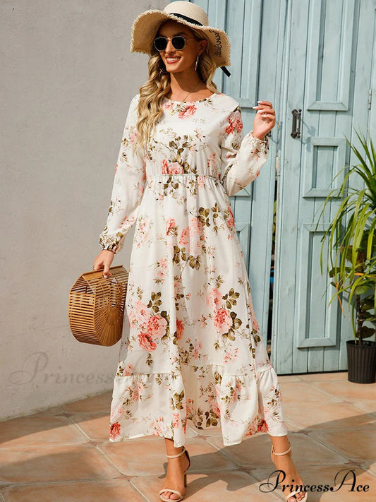 Casual Coastal Long Bohemian Flowered Dress S / BLACK