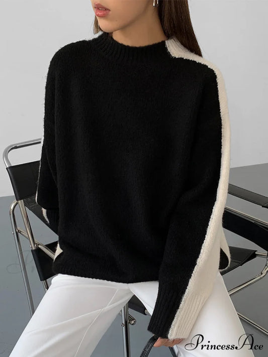 Casual Contrast Graceful Color Knit Sweater Black / XS
