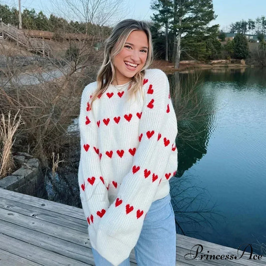 Casual Cozy Heart Print Loose O-neck Long Sleeve Stylish Warm Sweater WHITE / S