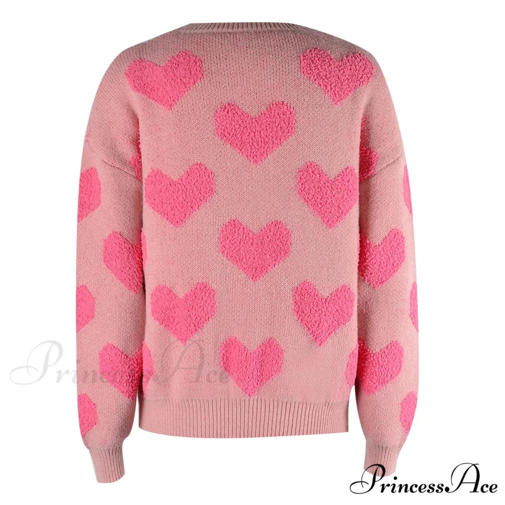 Casual Cozy Loose Pink Heart Pattern Comfortable Long Sleeve Fashionable Sweater