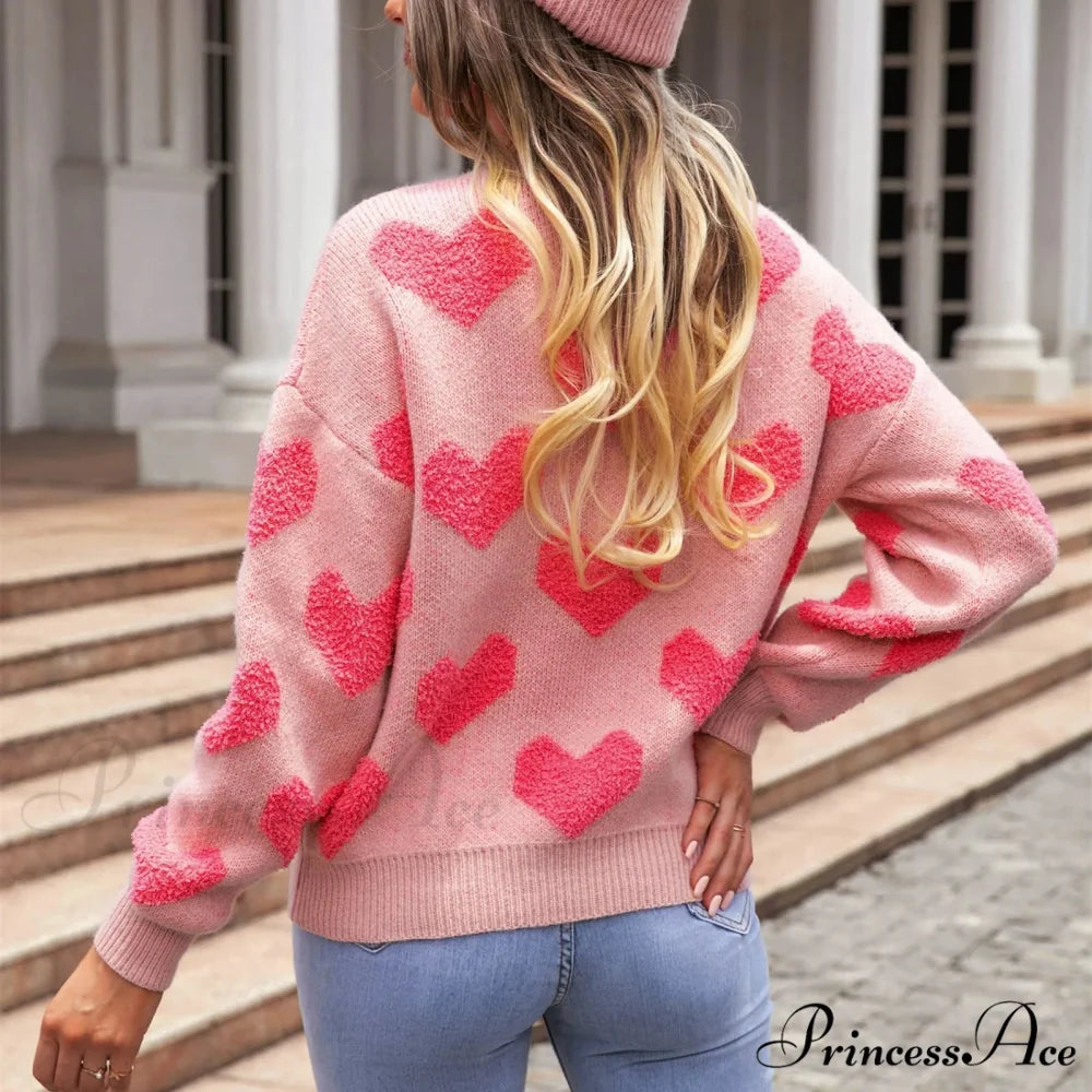 Casual Cozy Loose Pink Heart Pattern Comfortable Long Sleeve Fashionable Sweater