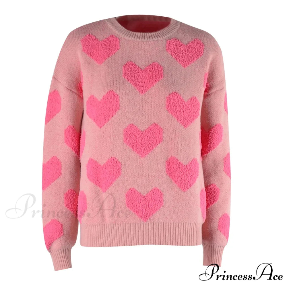 Casual Cozy Loose Pink Heart Pattern Comfortable Long Sleeve Fashionable Sweater