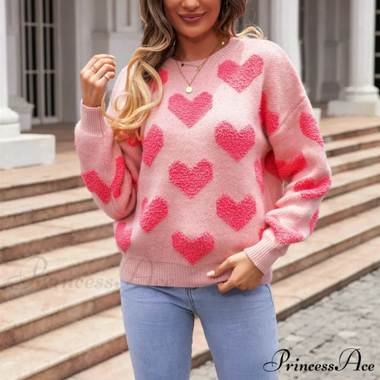 Casual Cozy Loose Pink Heart Pattern Comfortable Long Sleeve Fashionable Sweater Pink / S