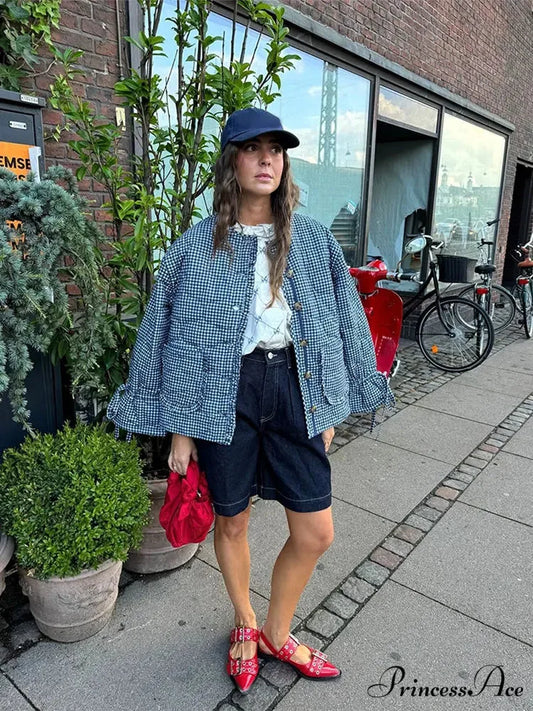 Casual Double-side Printed Lace Up Cotton Elegant Single Breasted Pockets Ruffles Coat Blue / S