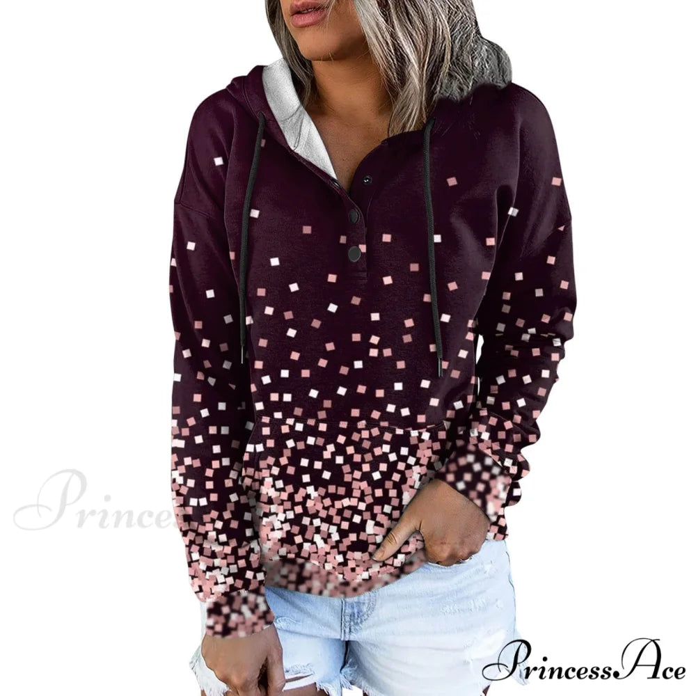Casual Drawstring Button Sequins Printed Hooded Sweatshirts Sweatshirts & Hoodies-L