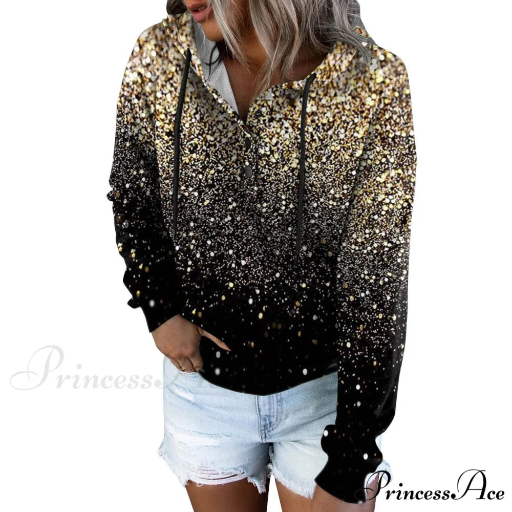 Casual Drawstring Button Sequins Printed Hooded Sweatshirts Sweatshirts & Hoodies-L