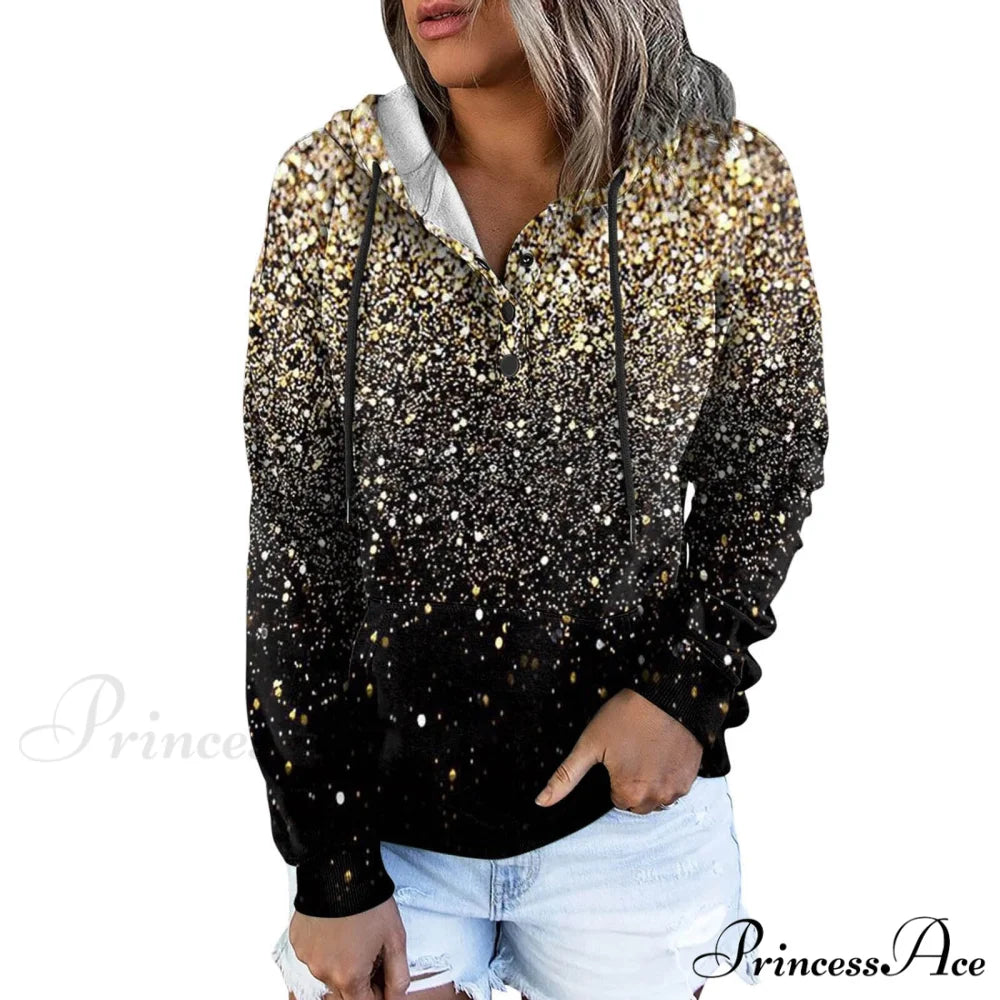 Casual Drawstring Button Sequins Printed Hooded Sweatshirts Sweatshirts & Hoodies-L