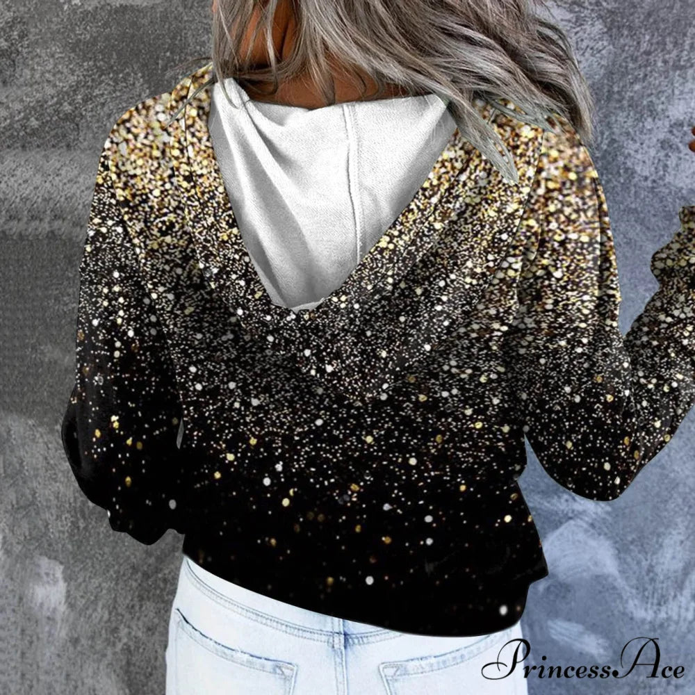 Casual Drawstring Button Sequins Printed Hooded Sweatshirts Sweatshirts & Hoodies-L