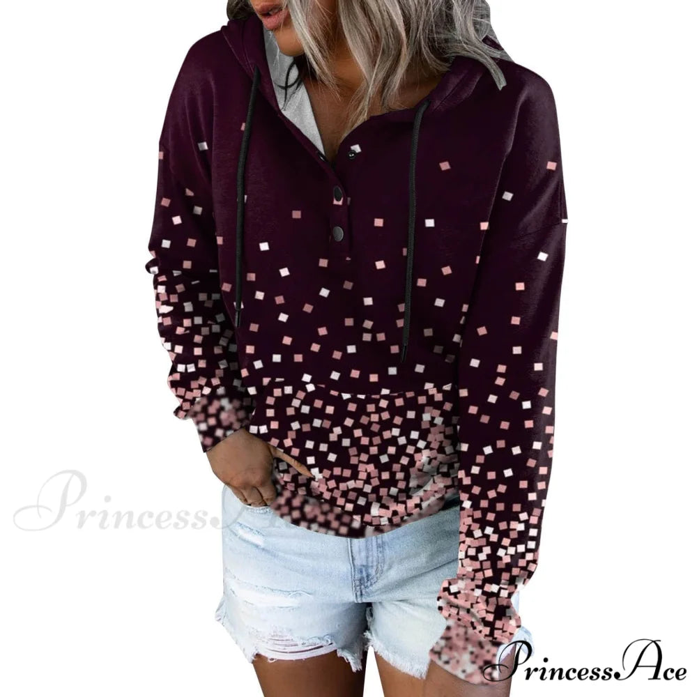 Casual Drawstring Button Sequins Printed Hooded Sweatshirts Sweatshirts & Hoodies-L