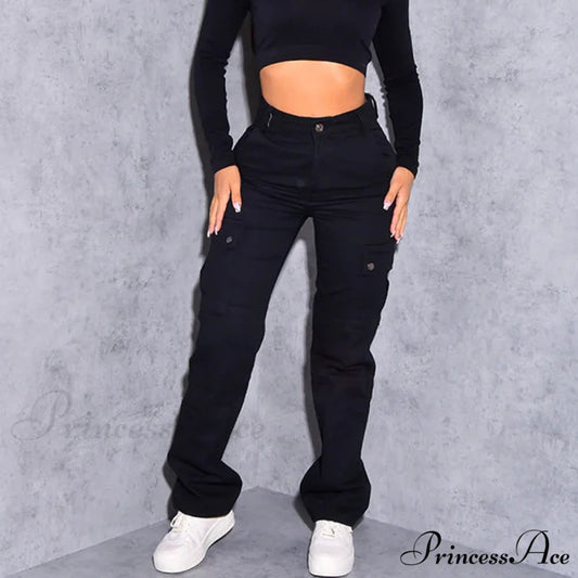 Casual Elastic High Waist Baggy Cargo Y2k Wide Slim Women Pants Streetwear Trousers Vintage Leg Fashion Jeans black / S