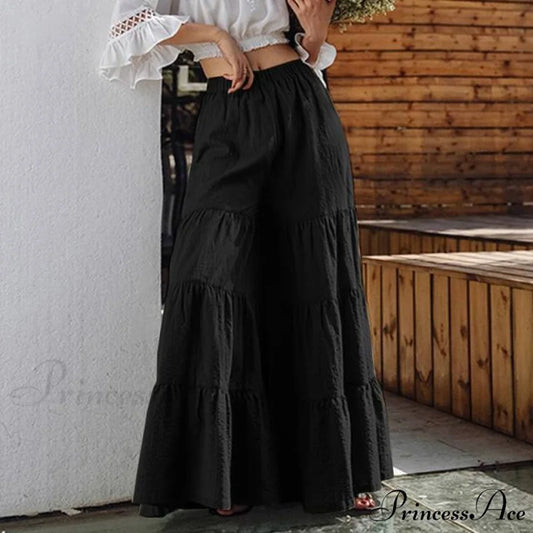 Casual Elastic Waist Long Solid Pants Black / S
