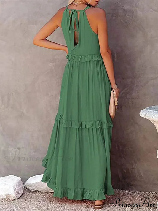 Casual Elegant Ruffle Halter Sleeveless Classic Female Party Outfits Beach Maxi Dress