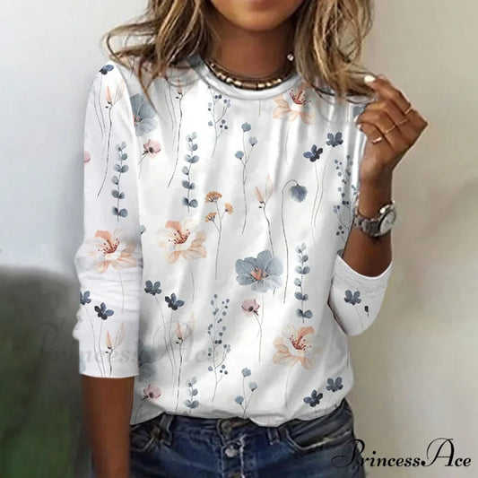 Casual Flowered Design T-Shirt White / S