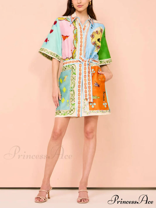 Casual fun printed Charming shirt cardigan short dress