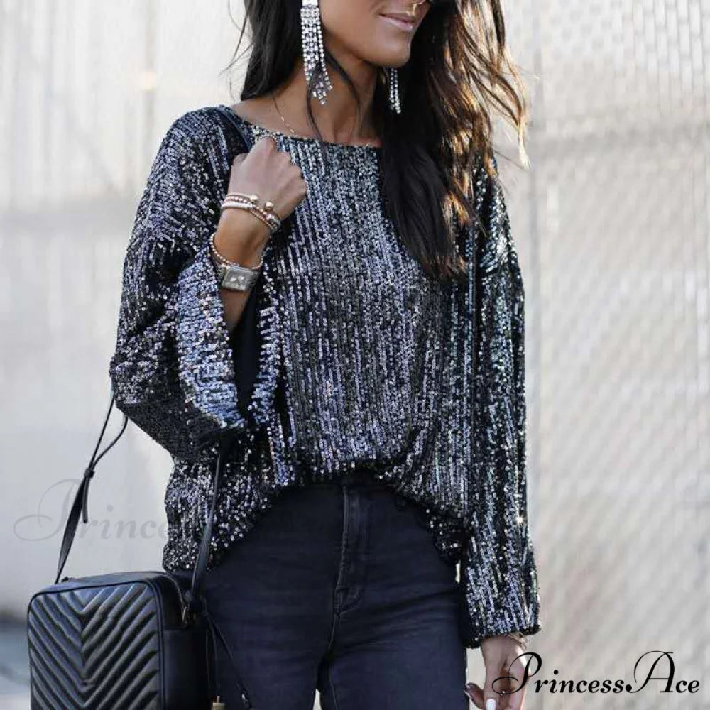 Casual Glitter Sequin Tunic O Neck Long Sleeve T-shirt Silver 01 / S