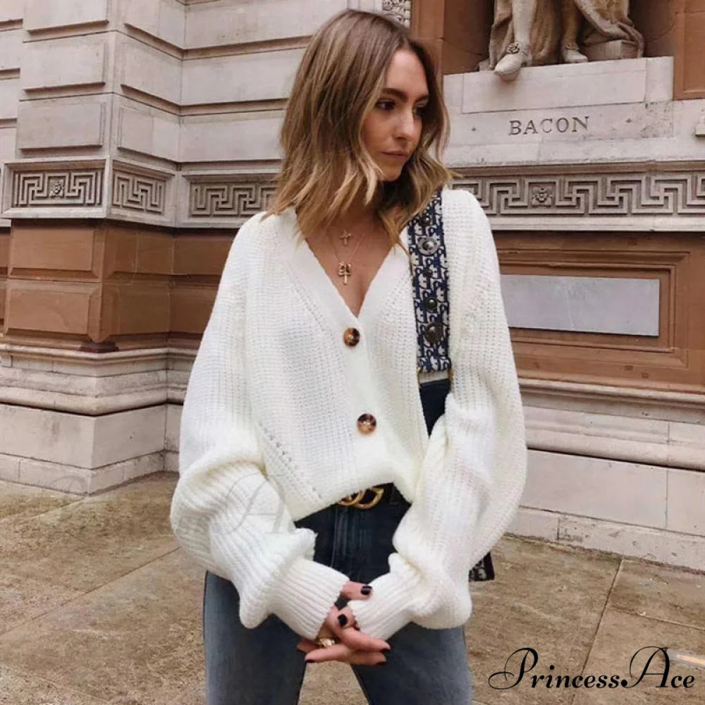Casual Knitted Cardigans Sweater Fashion Loose Coat White / One Size