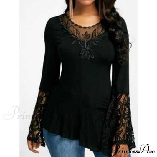 Casual Lace Plus Irregular for Women Long-sleeved Stitching with T-shirt Size Black / S