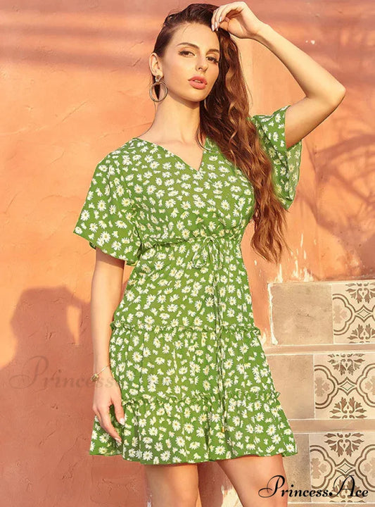 Casual Lace-Up with Gown V-Neck Flowered Design S / green