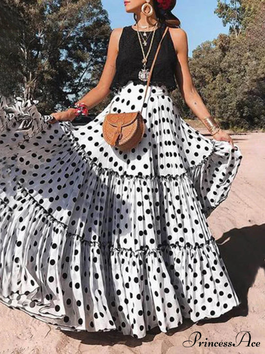 Casual Long Polka Charming Dot Printed Halter Skirt White / S