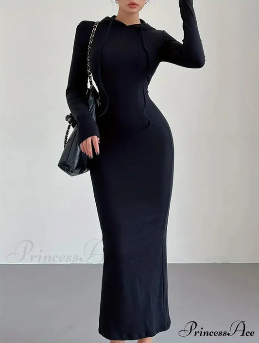 Casual Long Sleeve Drawstring Hooded Bodycon Dress - Black S / Black