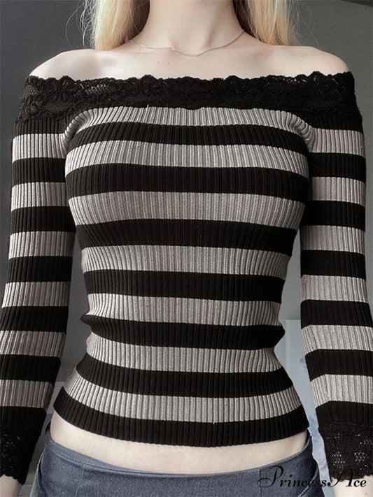 Casual Long Sleeve Retro Striped Off-Shoulder T-Shirts BLACK / S