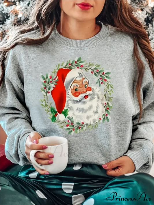 Casual Long Sleeve Santa Claus Print Women’s Christmas Hoodie Light Grey / S Christmas Hoodies-L