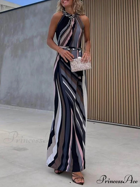 Casual Loose Halterneck Striped Graceful Gradient Print Maxi Dress