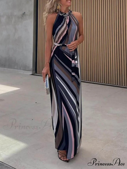 Casual Loose Halterneck Striped Graceful Gradient Print Maxi Dress Multicolor / S