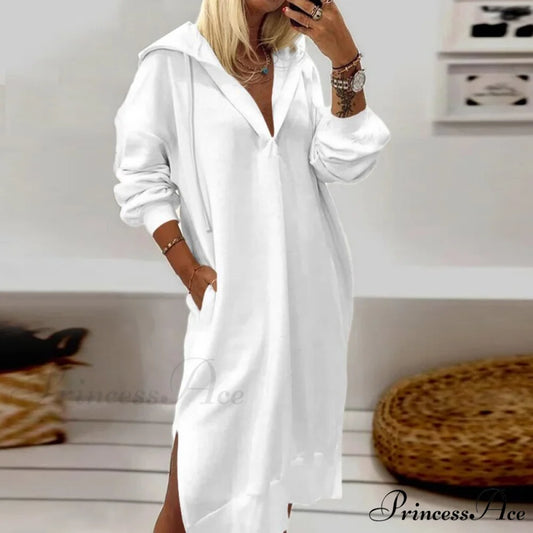 Casual Loose Side Trendy Split Hooded Pullover Dress 01 White / S