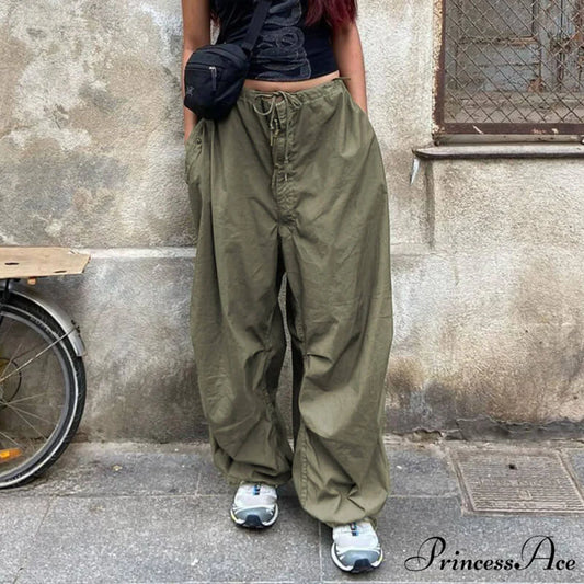 Casual Low Waist Ruched Trim Classic Baggy Cargo Pants - Brown S / Green
