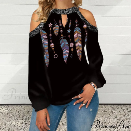 Casual Off Shoulder Loose Pullover Top Black 1 / S