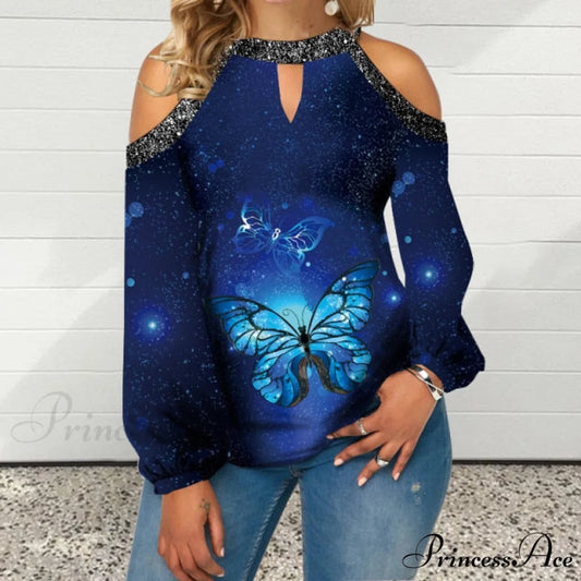 Casual Off Shoulder Loose Pullover Top Blue Butterfly / S