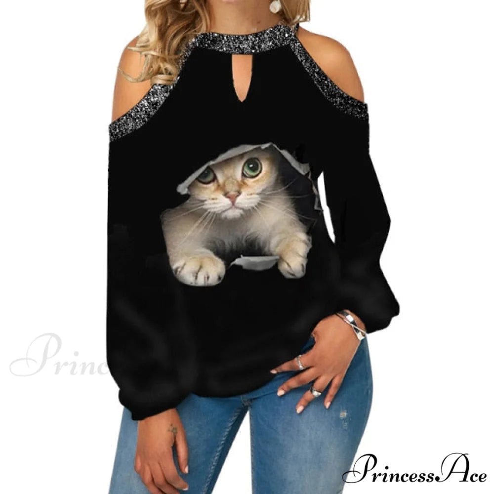 Casual Off Shoulder Loose Pullover Top Cat / S