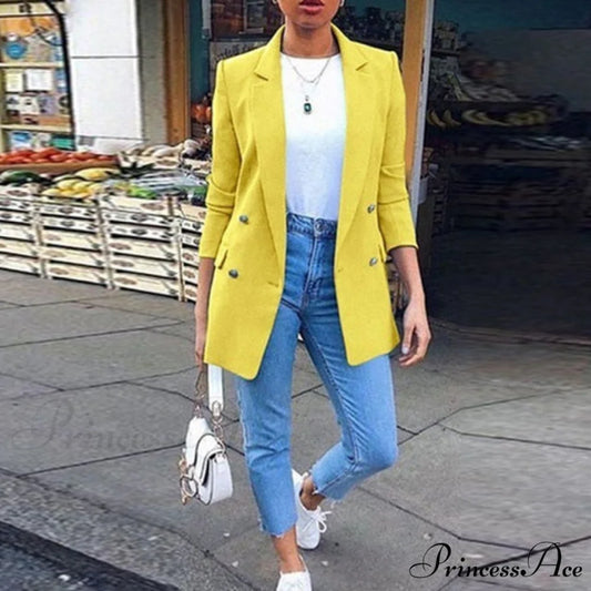 Casual Office Slim Button Notched Blazer Yellow / S