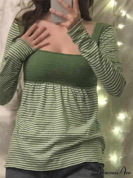 Casual Patchwork Square Neck Retro Striped Print T-shirts GREEN / S