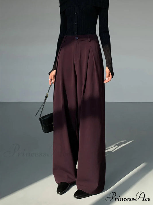Casual Pleated Graceful Wide Leg Pants Burgundy / XS