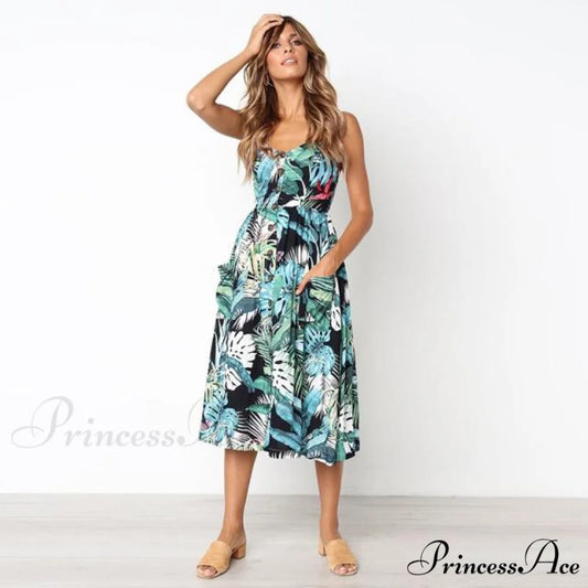 Casual Print Beach Dress green / S