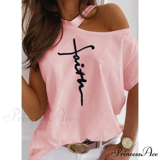 Casual Print Short Sleeve O-neck Tops T239-letter pink / XXL