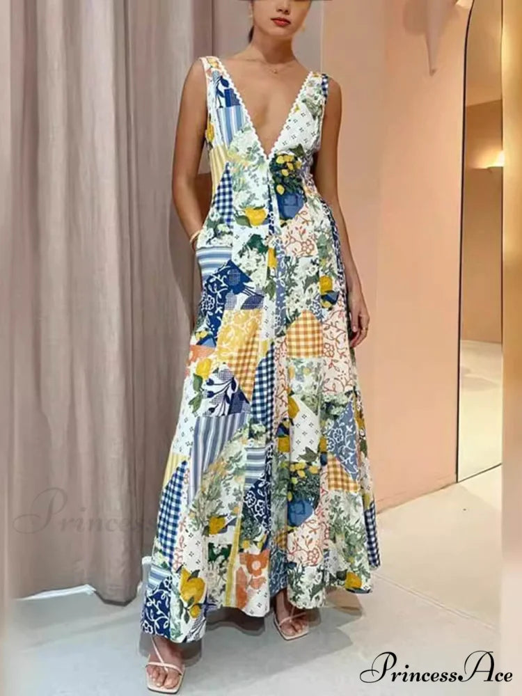 Casual Printed Sleeveless Charming Large V-Neck Dress Multicolor / S