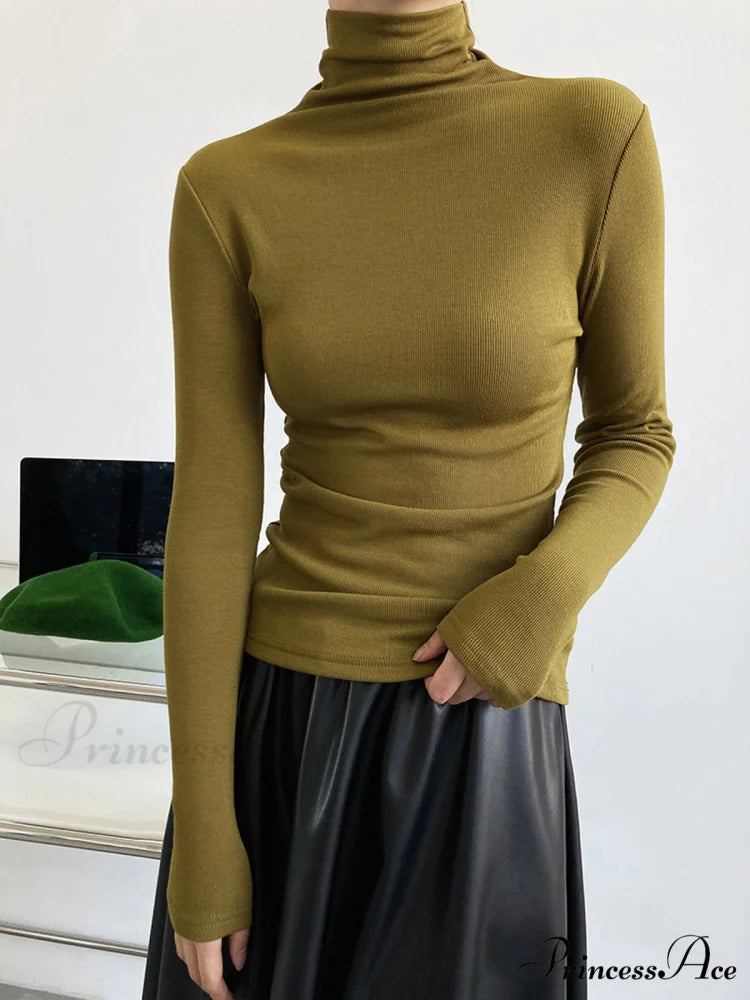 Casual Ribbed Graceful Turtleneck Shirt Olive / XS