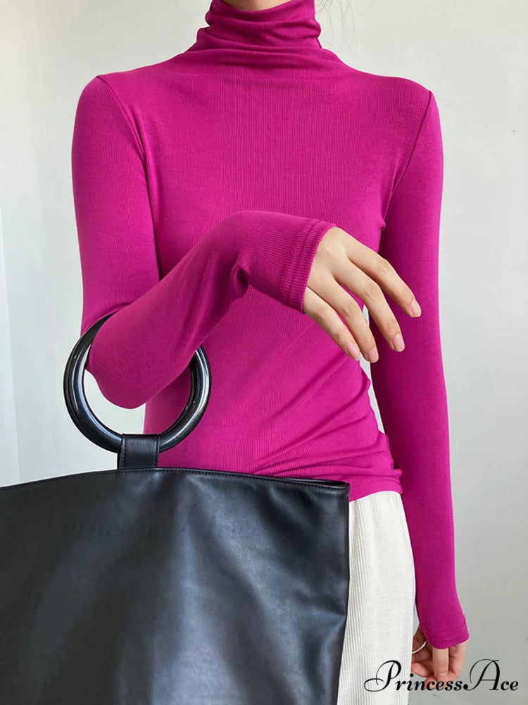 Casual Ribbed Graceful Turtleneck Shirt Pink / XS
