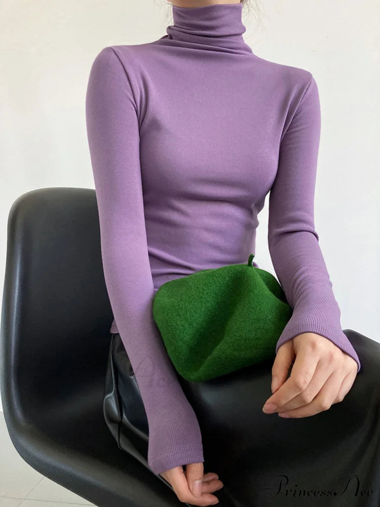 Casual Ribbed Graceful Turtleneck Shirt Purple / XS