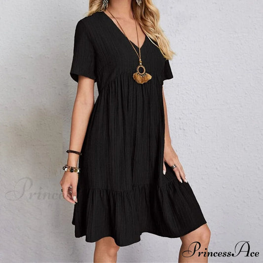 Casual Ruffle V Neck Midi Shift Dress for Women Black / S